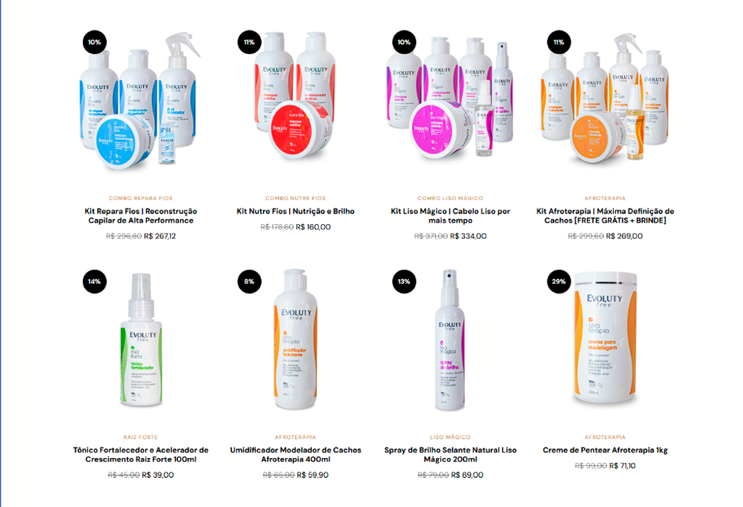 Veluna Cosmético — bloco Vitrine de Produtos e Combos Promocionais